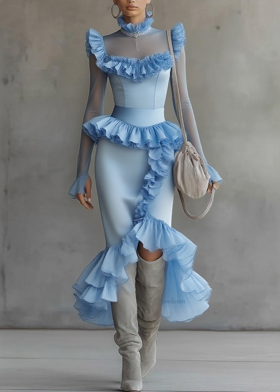 Modern Blue Turtleneck Ruffled Tulle Patchwork Long Dress Flare Sleeve