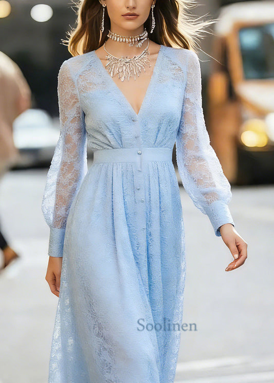 Modern Blue V Neck High Waist Lace Maxi Dress Lantern Sleeve