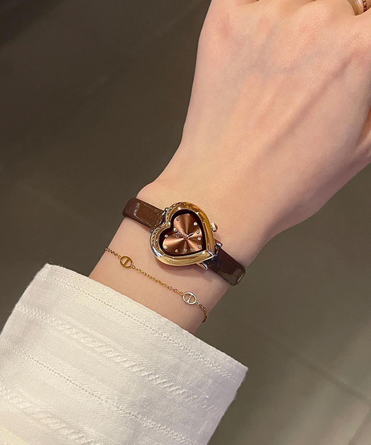 Modern Brown Leather Patchwork Zircon Heart-Shaped Watches
