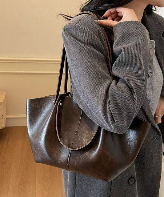 Modern Brown Solid Durable Wrinkled Faux Leather Satchel Handbag