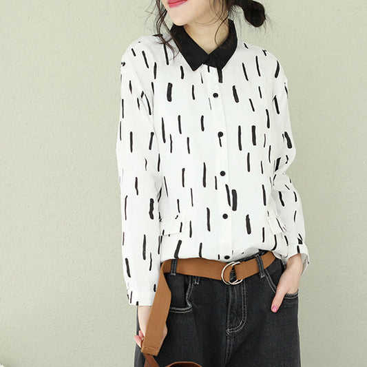 Moderne Button-Down-Langhemden aus Leinen von Omychic Tunika-Oberteile mit weißem Revers und lockerer Bluse