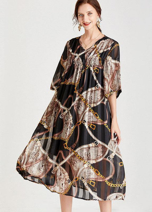 Modern Chains Black Tie Waist A Line Fall Chiffon Half Sleeve Vacation Dress - SooLinen