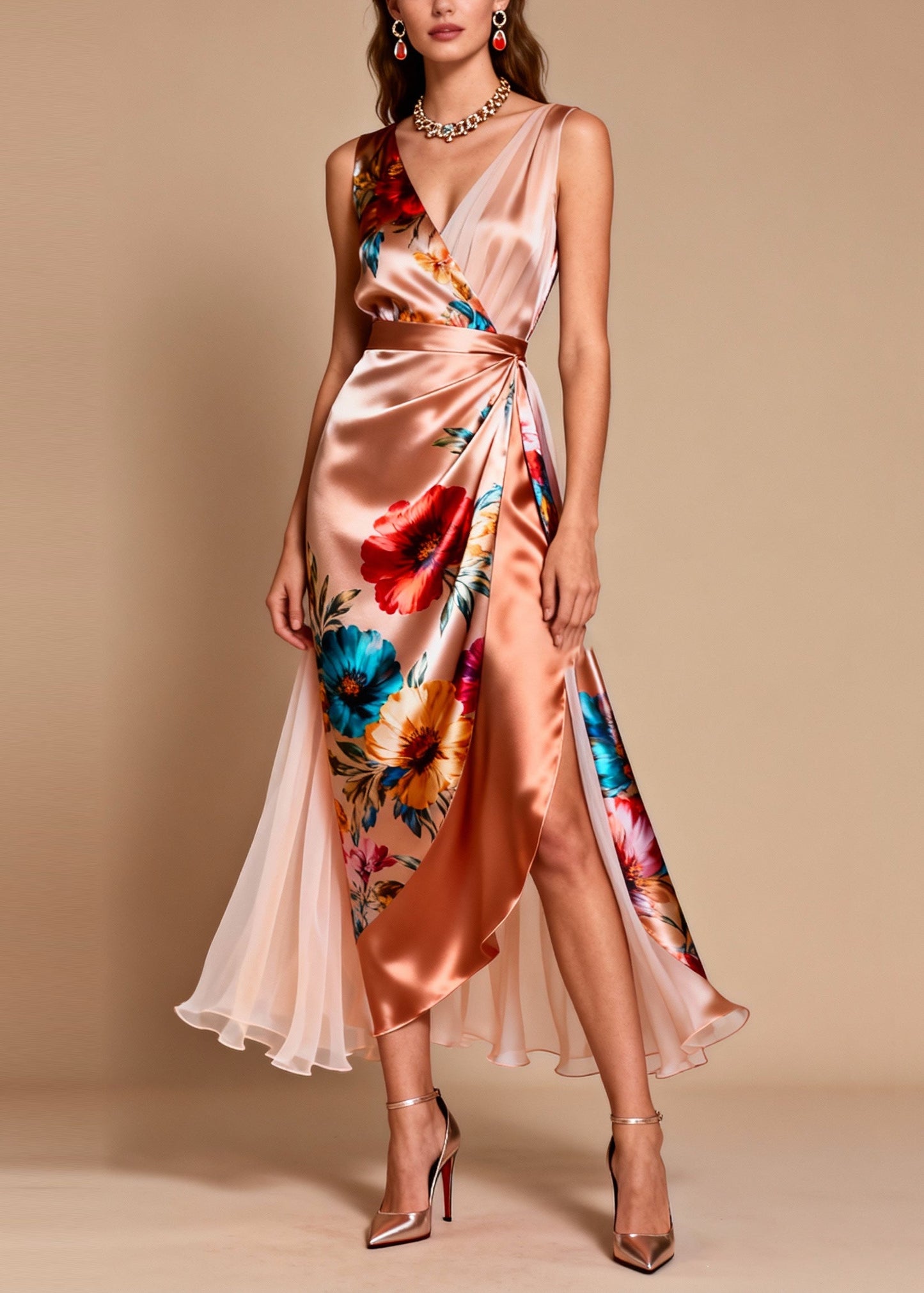 Modern Champagne Asymmetrical Patchwork Tulle Flower Print Dinner Dress Summer