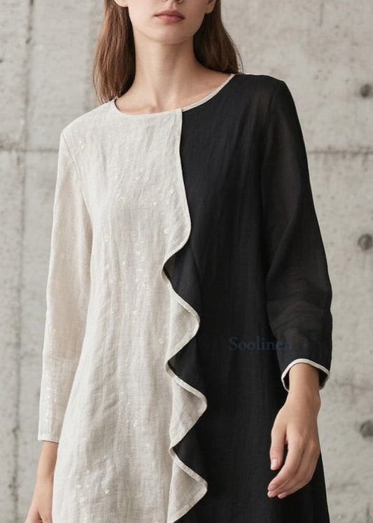 Modernes, farblich abgesetztes, gerüschtes Patchwork-Baumwollkleid für die Feiertage im Frühling