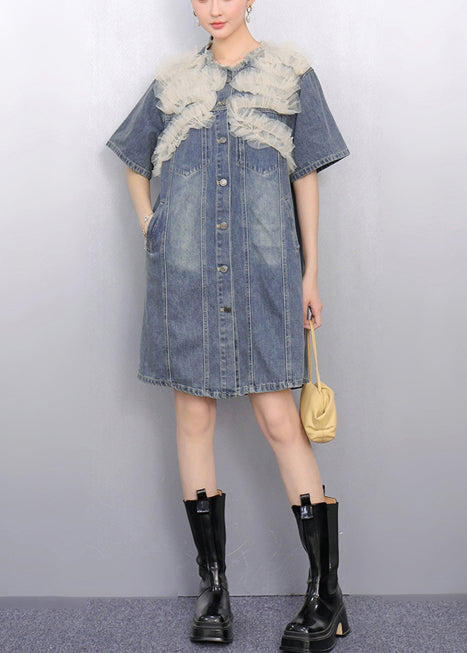 Modern Denim Blue Patchwork Tulle Day Dress Summer
