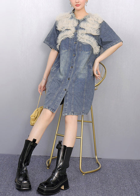 Modern Denim Blue Patchwork Tulle Day Dress Summer