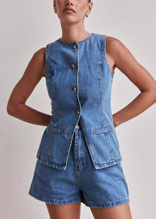 Modern Denim Blue Silm Fit Vests And Shorts Two Pieces Set Sleeveless