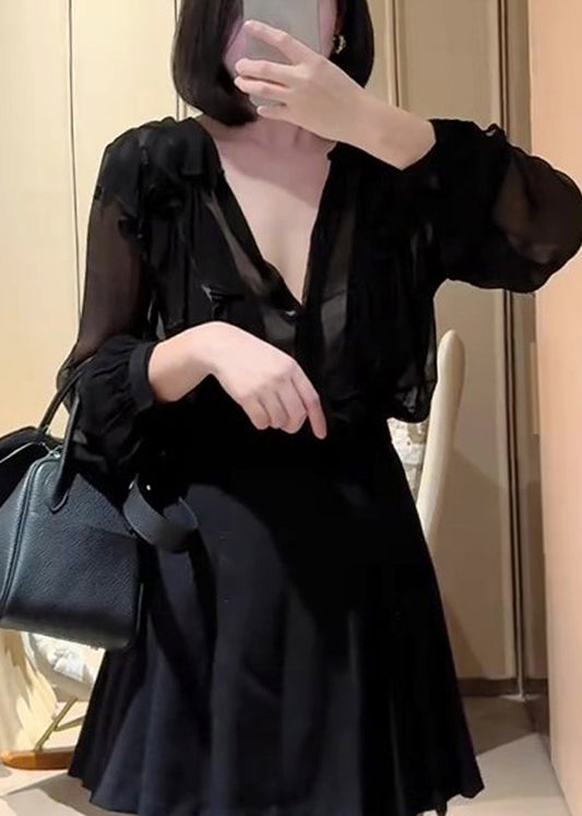 Top moderno de gasa con volantes verde fluorescente con protección solar UPF 50+ para primavera