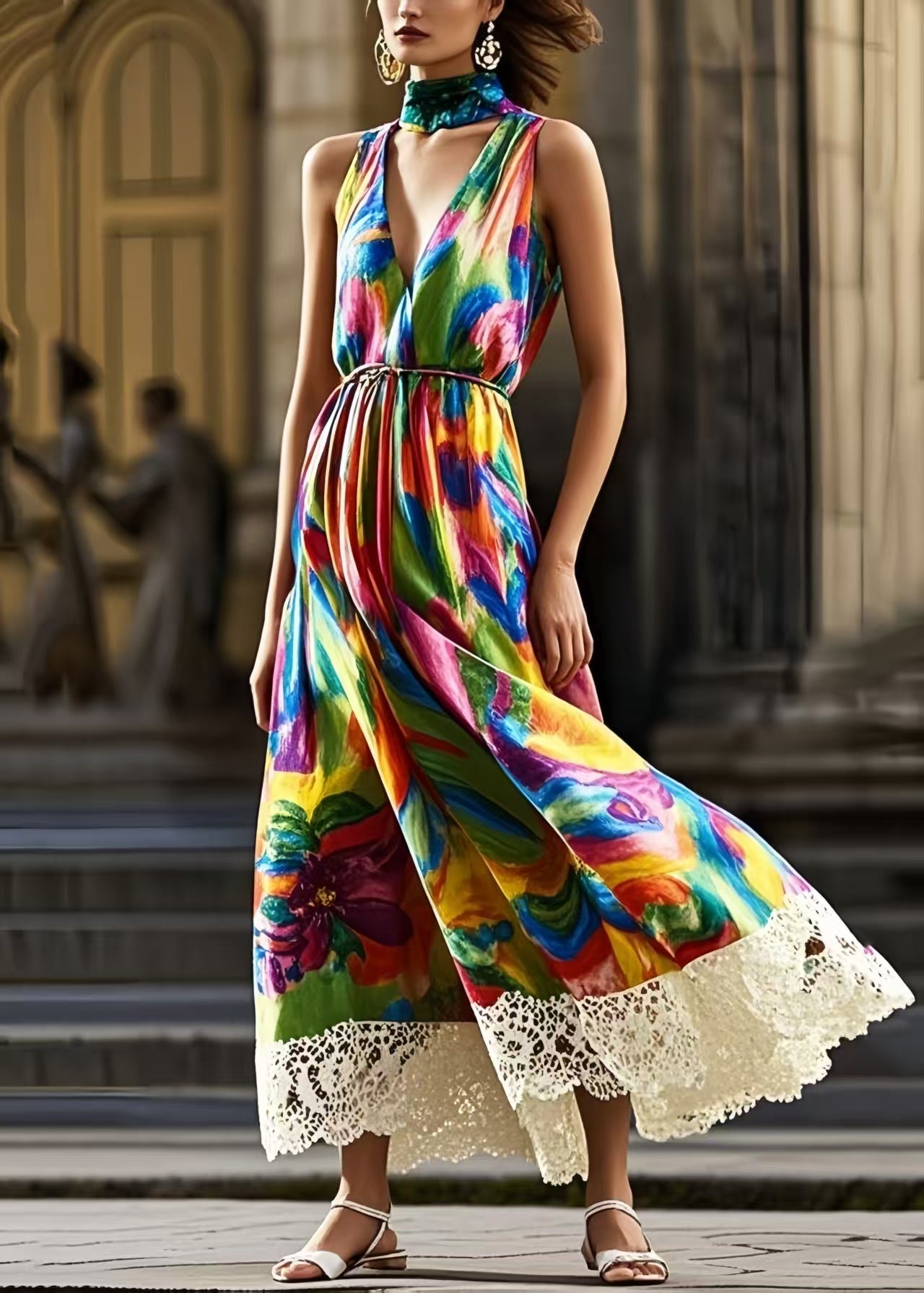 Modern Graffiti Exra Patchwork Lace Large Hem Cami Dresses Summer