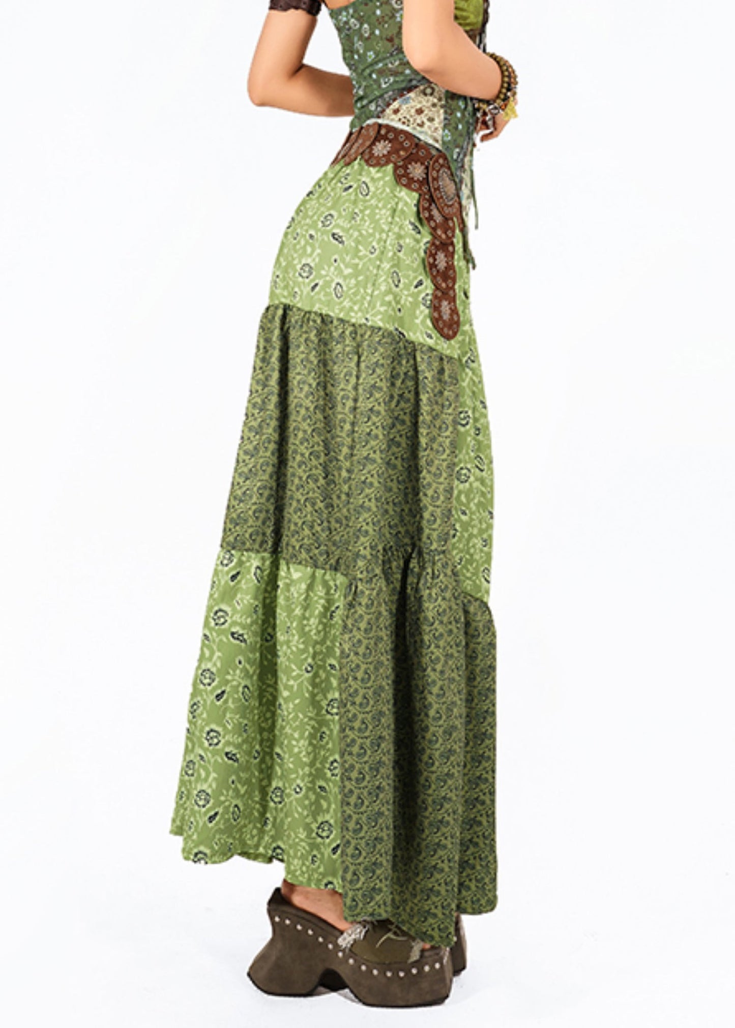 Modern Green Asymmetrical Print High Waist Maxi Skirt
