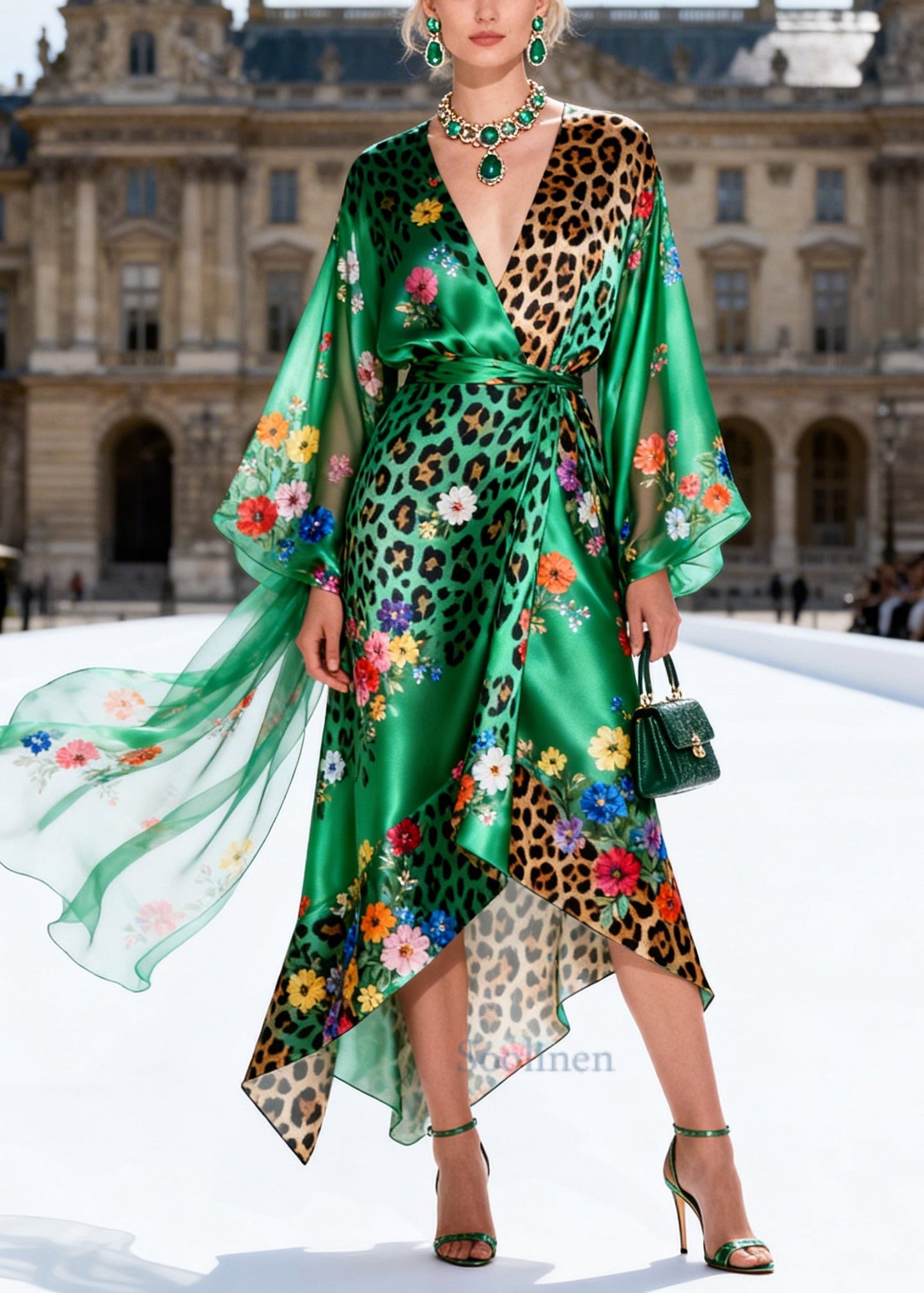Modern Green Asymmetrical Print Silk Tunic Dress Summer