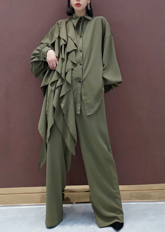 Modernes grünes Peter-Pan-Kragen-asymmetrisches Design Zweiteiliges Set Frühling