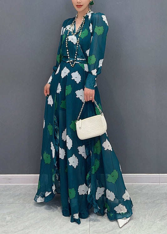 Modern Green V Neck Print Tunic Chiffon Top And Maxi Skirts Two Pieces Lantern Sleeve