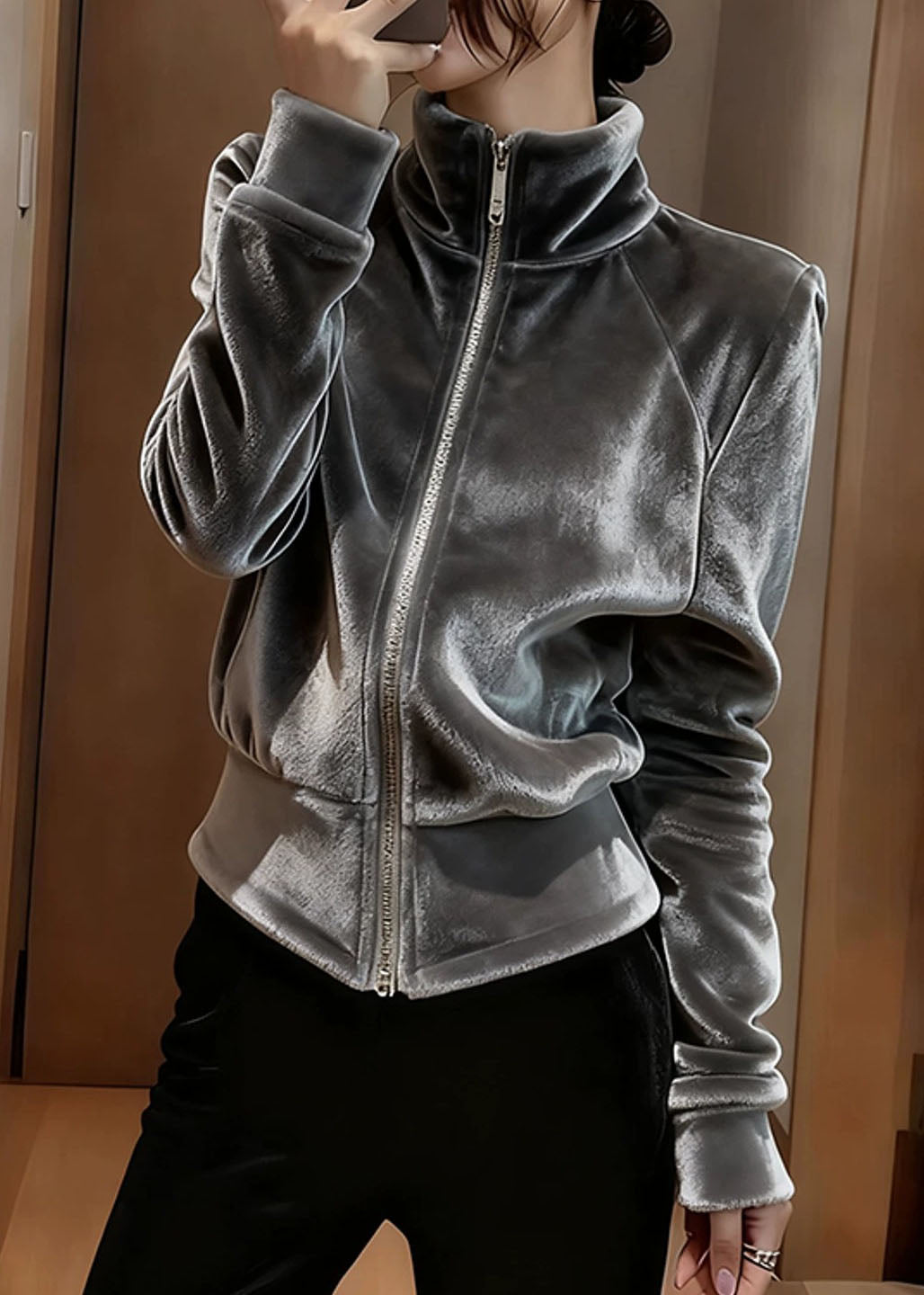 Modern Grey Stand Collar Zippered Silk Velvet Coat Spring