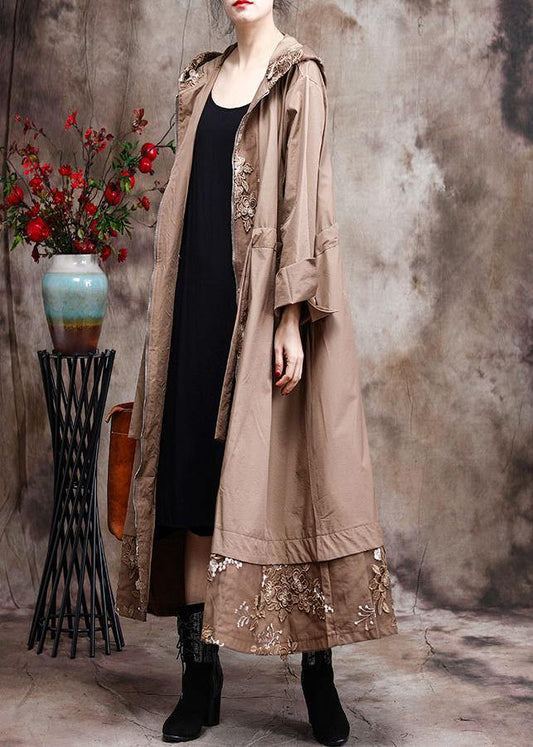Modern Hooded Plus Size Coat For Woman Khaki Embroidery Trench Coat - SooLinen