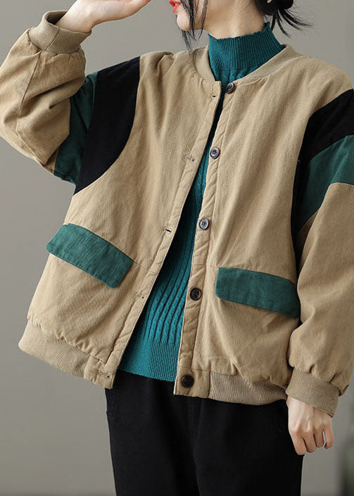 Moderne Khaki O-Ausschnitt Taschen Patchwork Feine Baumwolle gefüllt Jacke Frühling