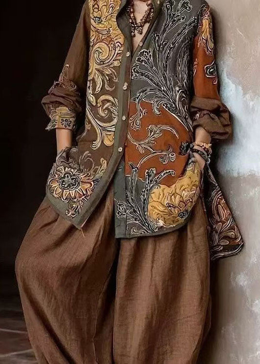 Modern Khaki Peter Pan Collar Oversized Print Cotton Two Pieces Set Long Sleeve