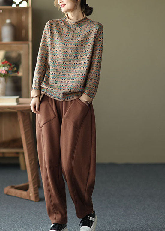 Moderne Khaki Rollkragen Print Strickoberteile Langarm