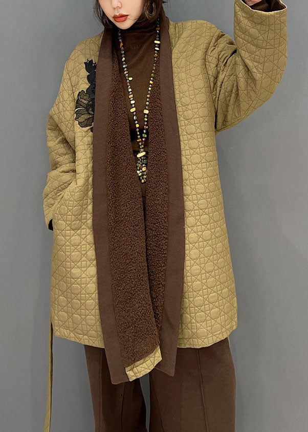 Modernes Khaki V-Ausschnitt Taillenbund Baumwolle gefülltes zweiteiliges Set Winter