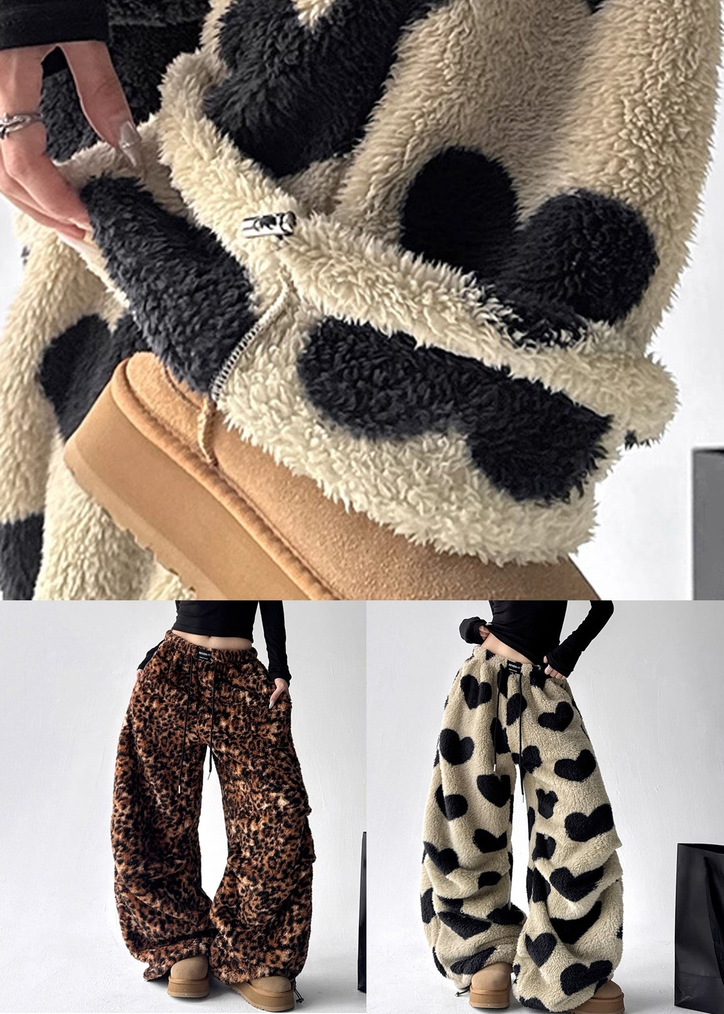 Modern Leopard Drawstring Pockets Elastic Waist Fluffy Pants Winter