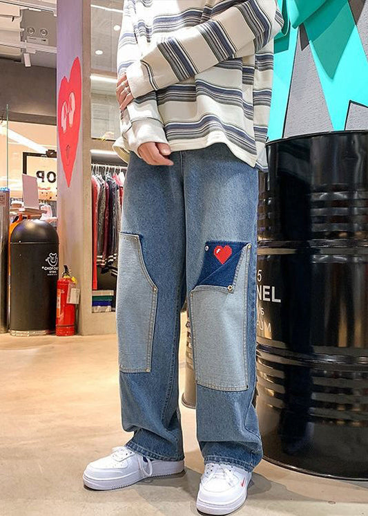 Modern Light Blue Love Patchwork Denim Men Pants Spring