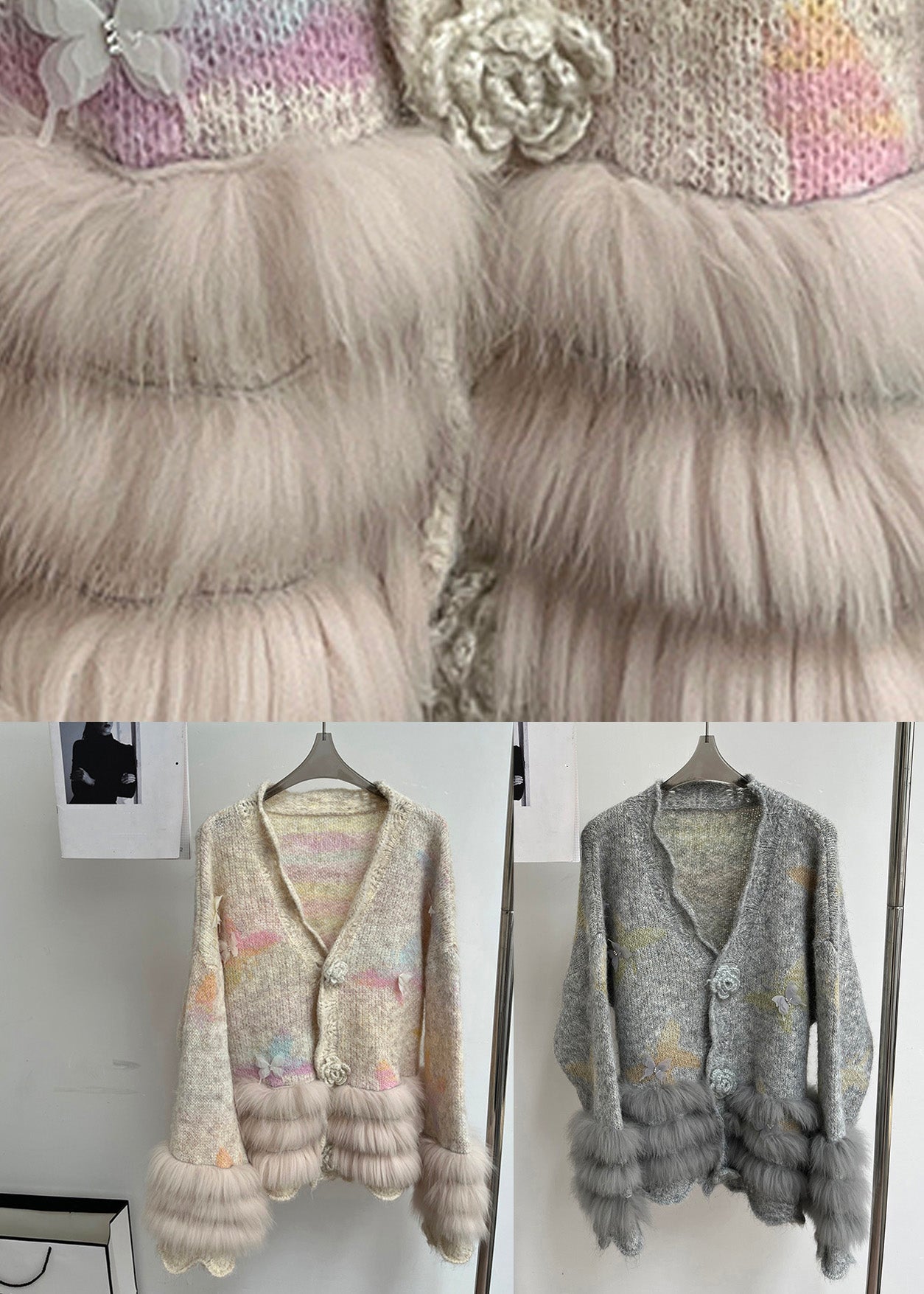 Moderne hellgraue Strickjacke mit V-Ausschnitt, Fellmuster und Blumenmuster aus Baumwolle, Frühlingsform