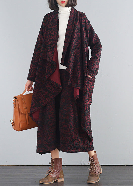 Moderne Mulberry V-Ausschnitt Print Trenchcoats und Crop Pants Zweiteiler Herbst