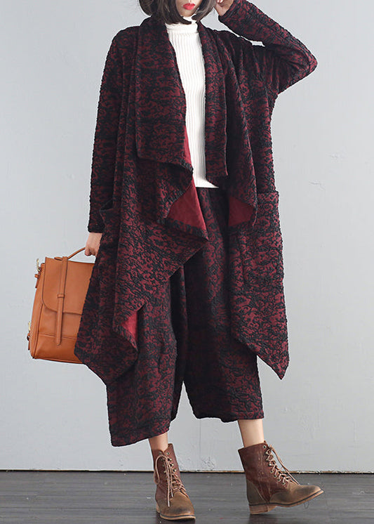 Moderne Mulberry V-Ausschnitt Print Trenchcoats und Crop Pants Zweiteiler Herbst