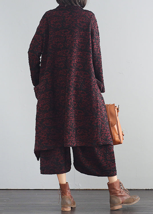 Moderne Mulberry V-Ausschnitt Print Trenchcoats und Crop Pants Zweiteiler Herbst