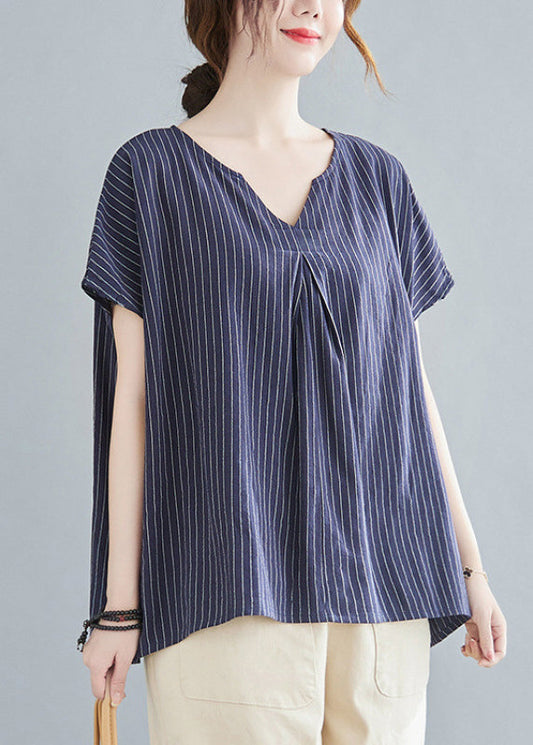 Modern Navy Blue V Neck Striped Top Short Sleeve