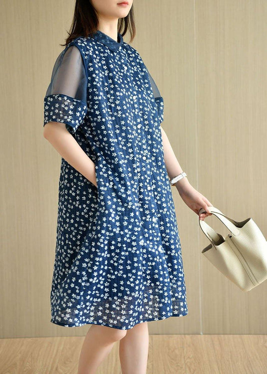 Modern Navy Peter Pan Collar Button Patchwork Tulle Summer Dresses Short Sleeve - SooLinen