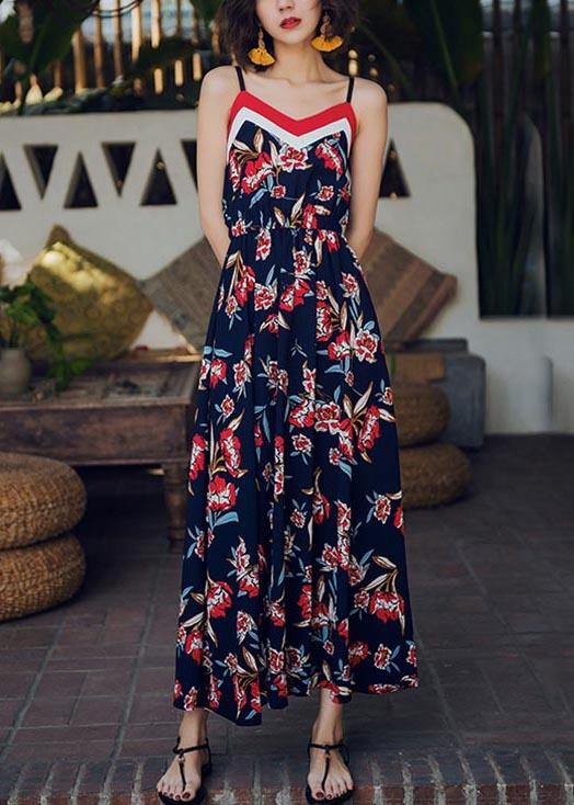 Modern Navy Print Backless Cotton Maxi Dresses - SooLinen