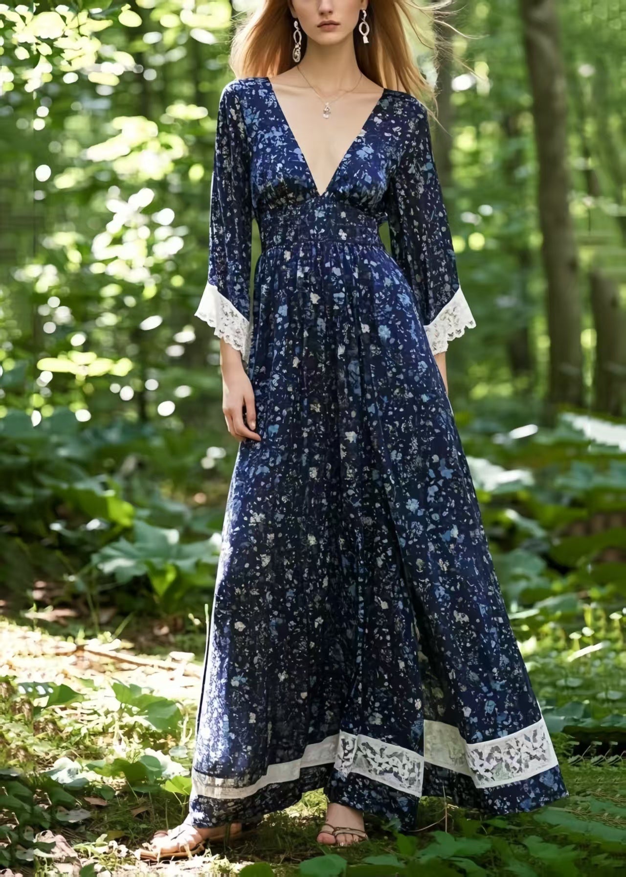 Modern Navy Print Patchwork Chiffon Long Dresses Bracelet Sleeve