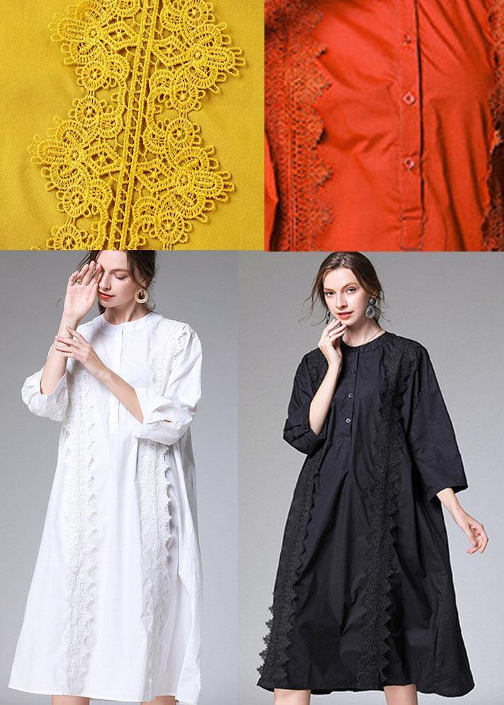 Modern Orange Embroideried Patchwork Fall Cotton Vacation Dress Three Quarter Sleeve - SooLinen