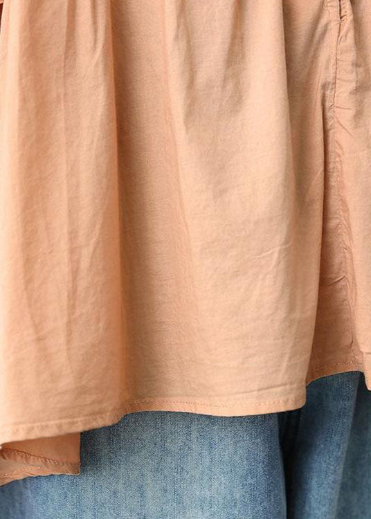 Moderne Orange V-Ausschnitt Knopf Patchwork Rüschen Herbst Shirts Halbarm