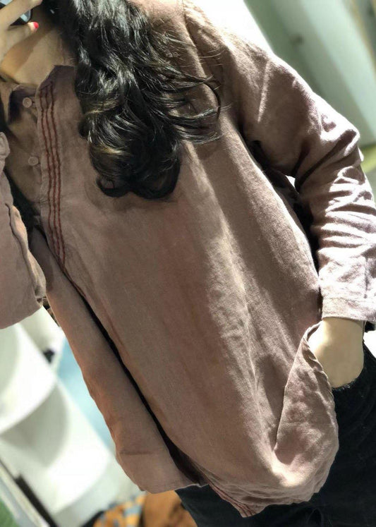 Modern POLO collar linen tunic pattern Shirts khaki blouses fall - SooLinen