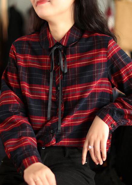 Modern Peter Pan Collar Spring Tunic Top Red Plaid Shirts - SooLinen