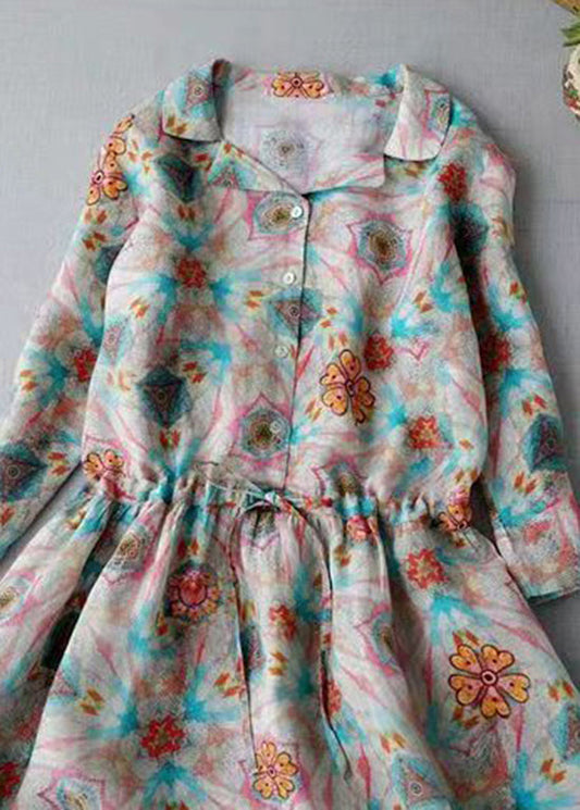 Modernes Leinenkleid mit Peter-Pan-Kragen, Kordelzug und Knopfdruck, Dreiviertelärmel