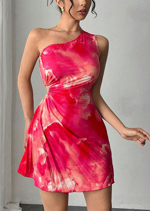 Modern Pink One Shoulder Tie Dye Tea Dress Summer