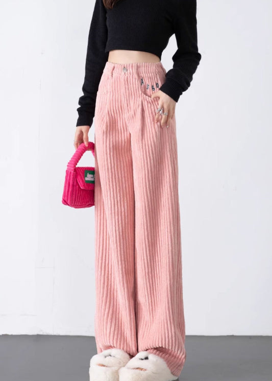 Modern Pink Oversized Velvet Straight Pants Spring