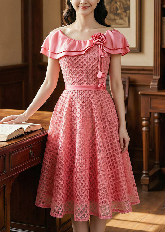 Modern Pink Peter Pan Collar Floral Lace Dresses Summer