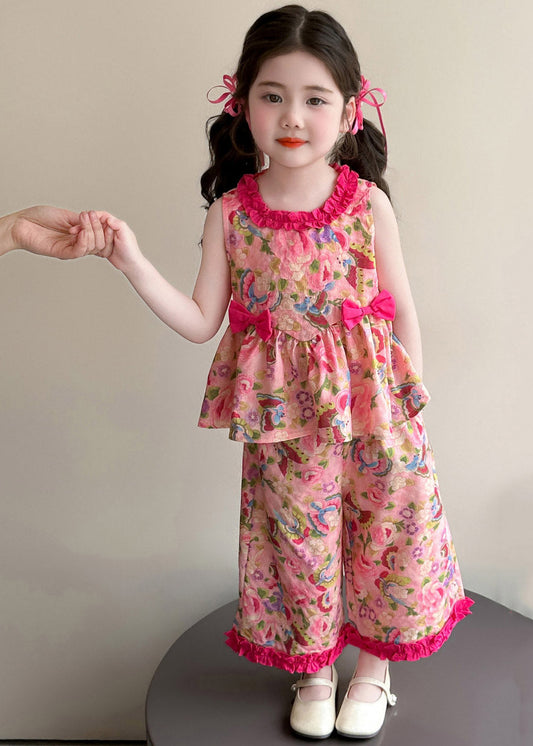Modern Pink Print Bow Girls Top And Wide Leg Pants Two Pieces Set Summer