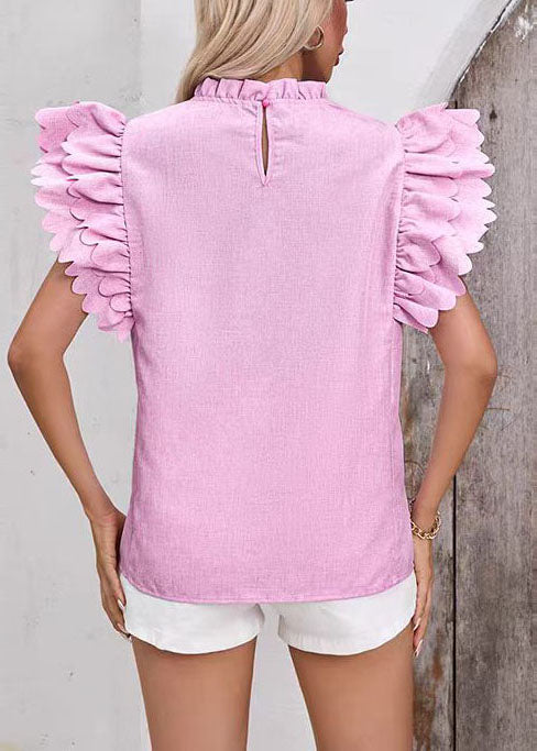 Modern Pink Ruffled Cotton Shirt Tops Butterfly Sleeve
