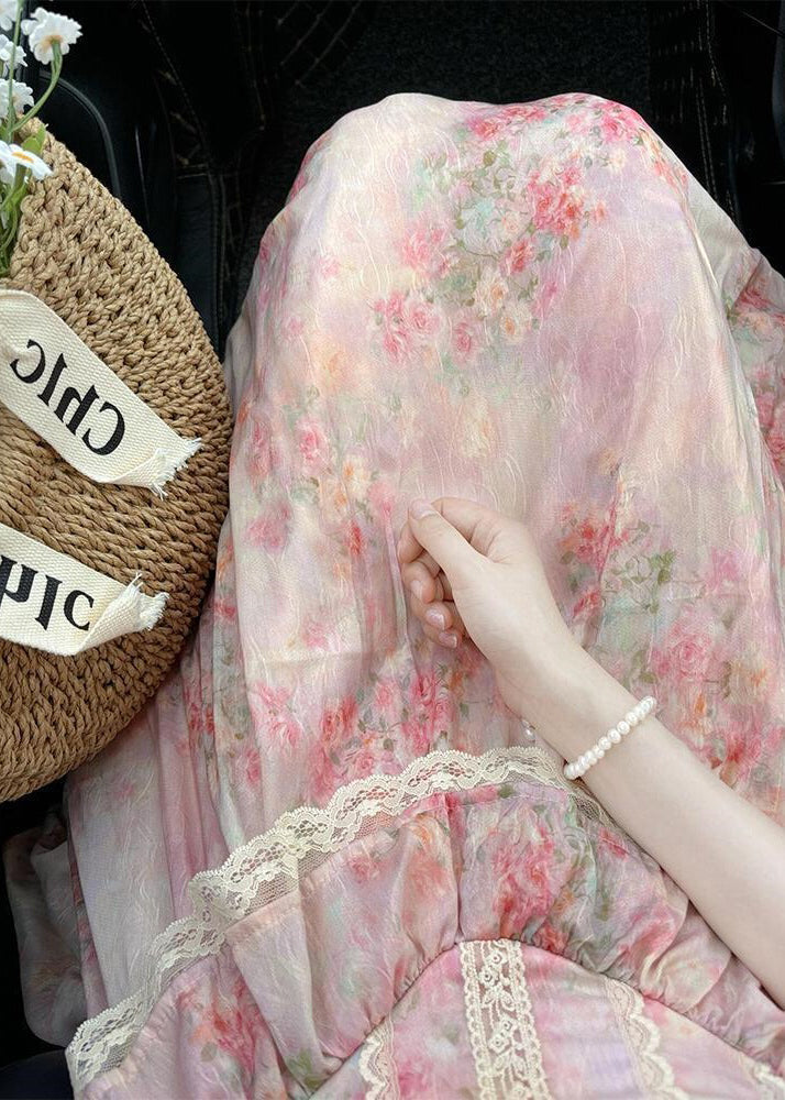 Modern Pink Ruffled Patchwork Lace Party Dress Summer