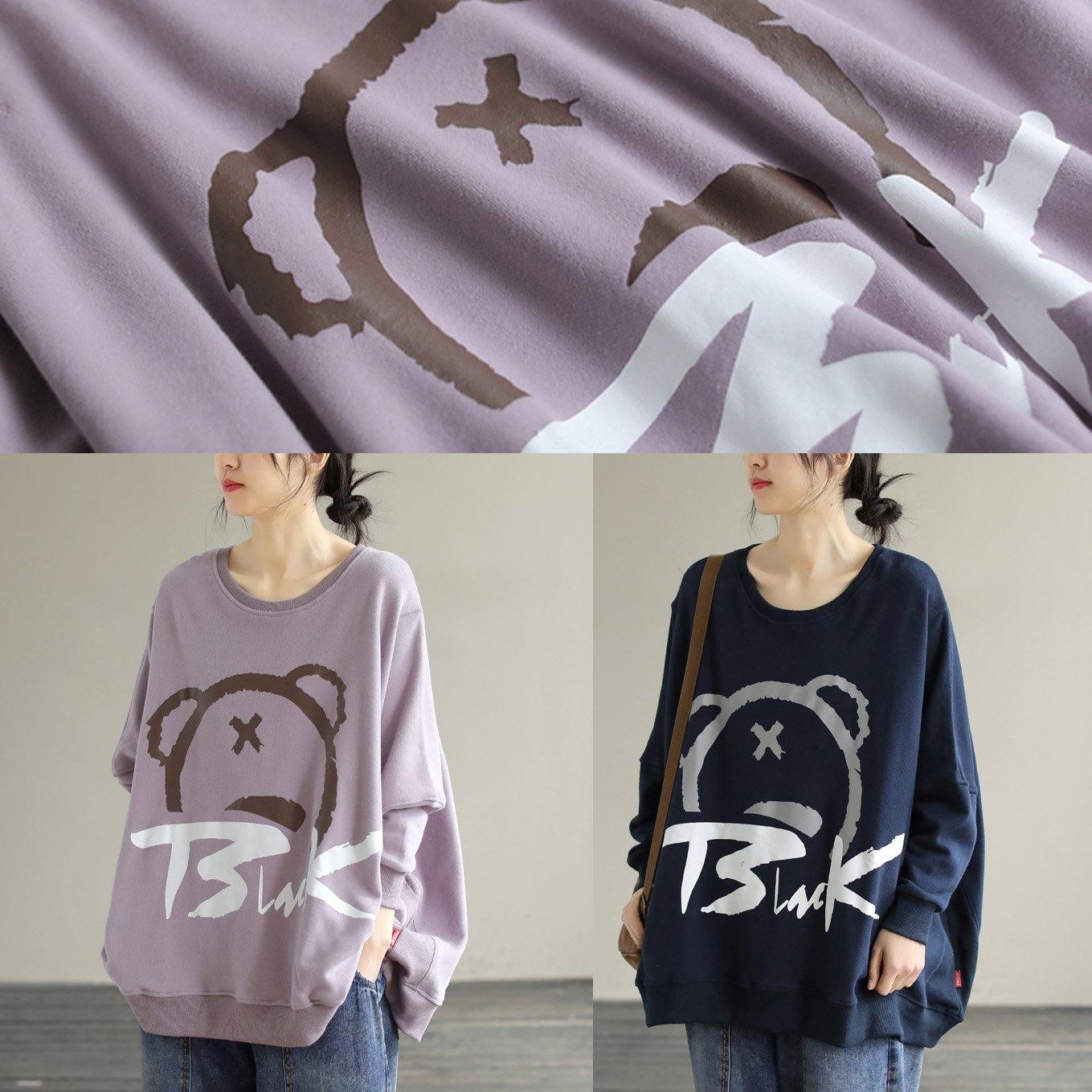 Modern Purple Cartoon print cotton Shirts O Neck loose Spring Shirts - SooLinen