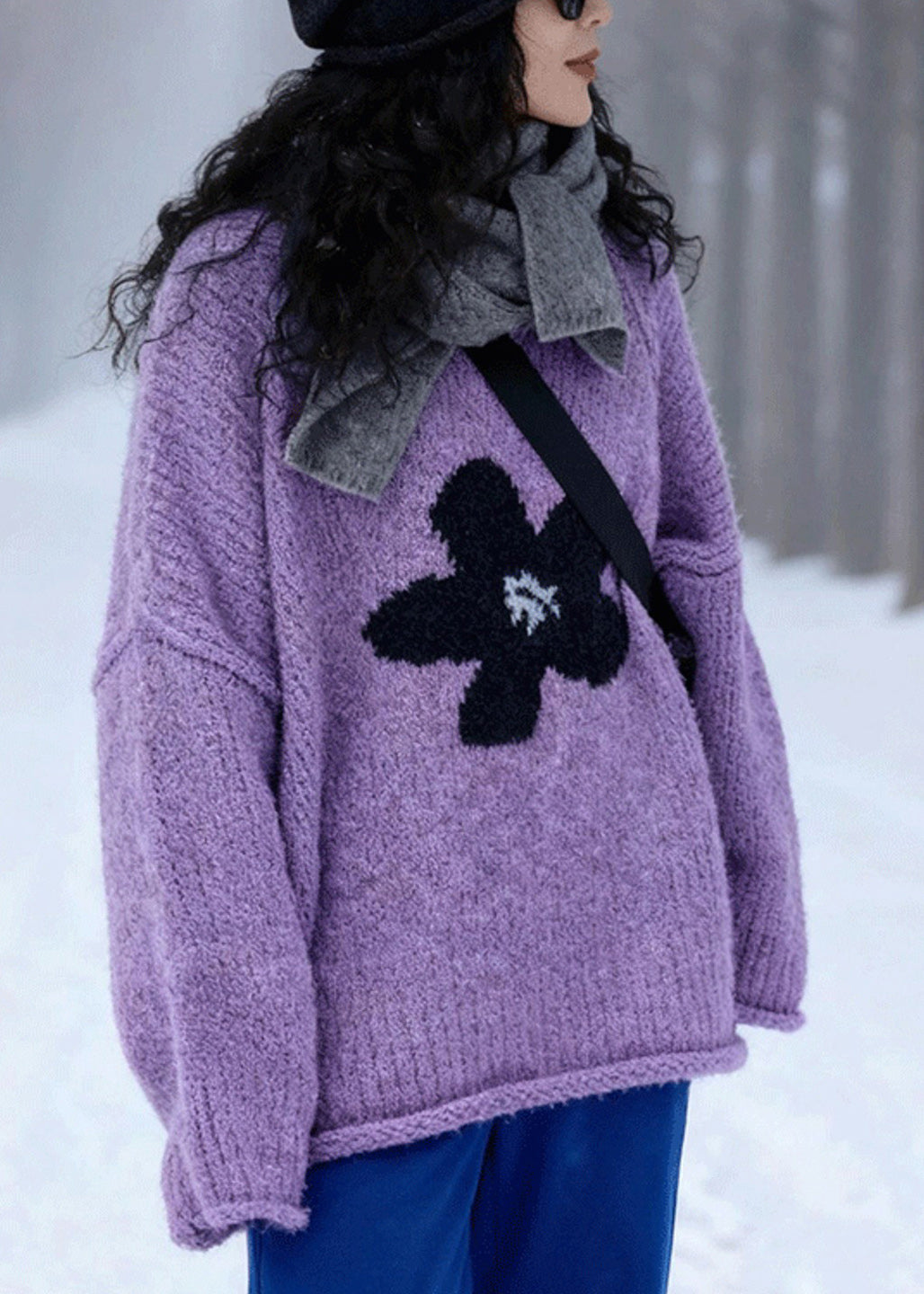 Suéter moderno de jacquard morado con cuello redondo para invierno