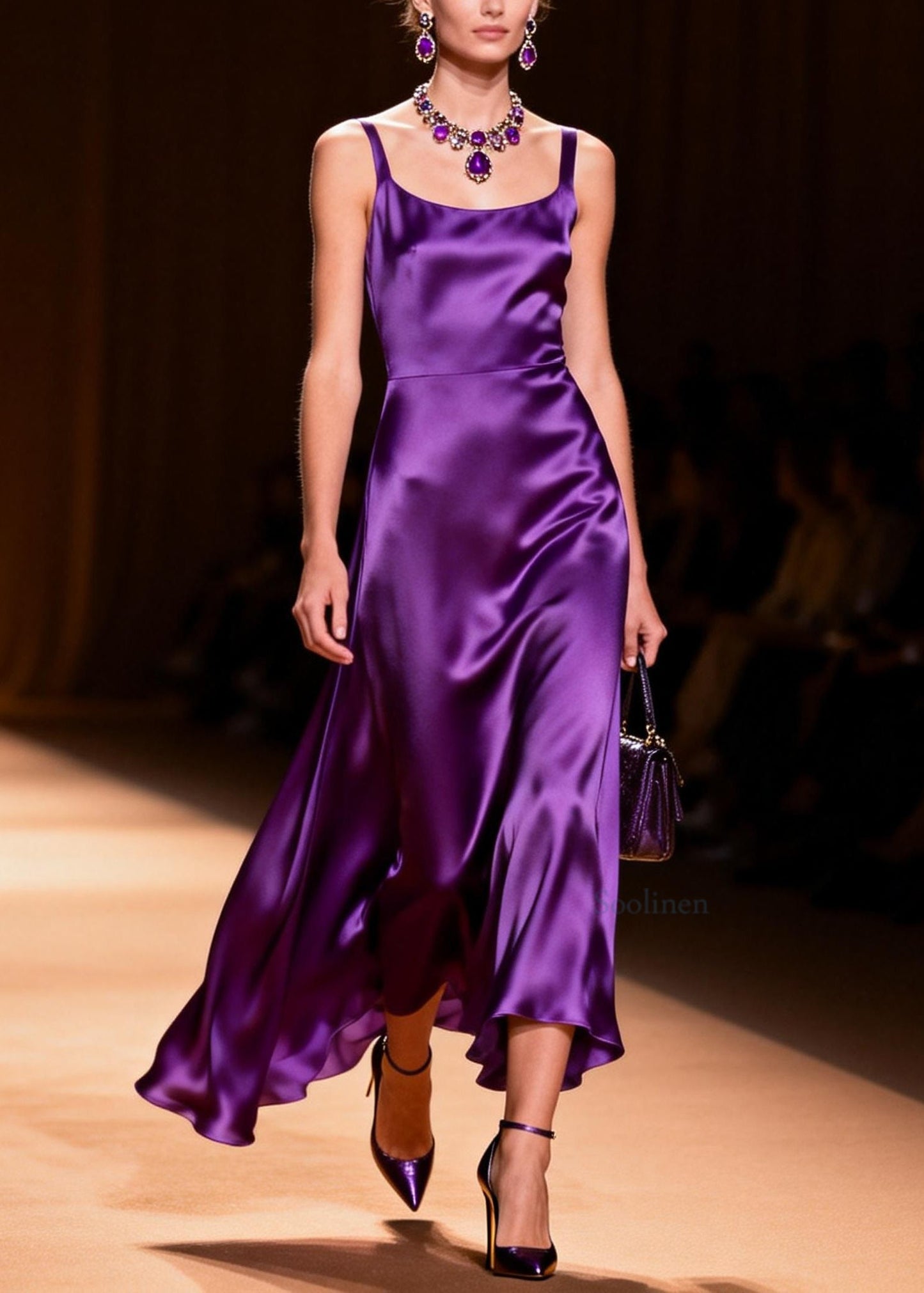 Modern Purple Square Collar Silk Spaghetti Strap Dress Summer