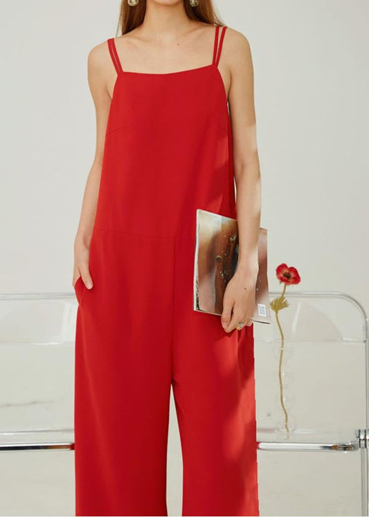 Modern Red Draping Chiffon Straight Pants Spaghetti Strap Jumpsuit Summer