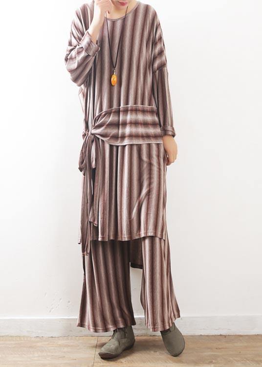 Modern Red Striped Cotton asymmetrical design Summer Two Pieces Set - SooLinen