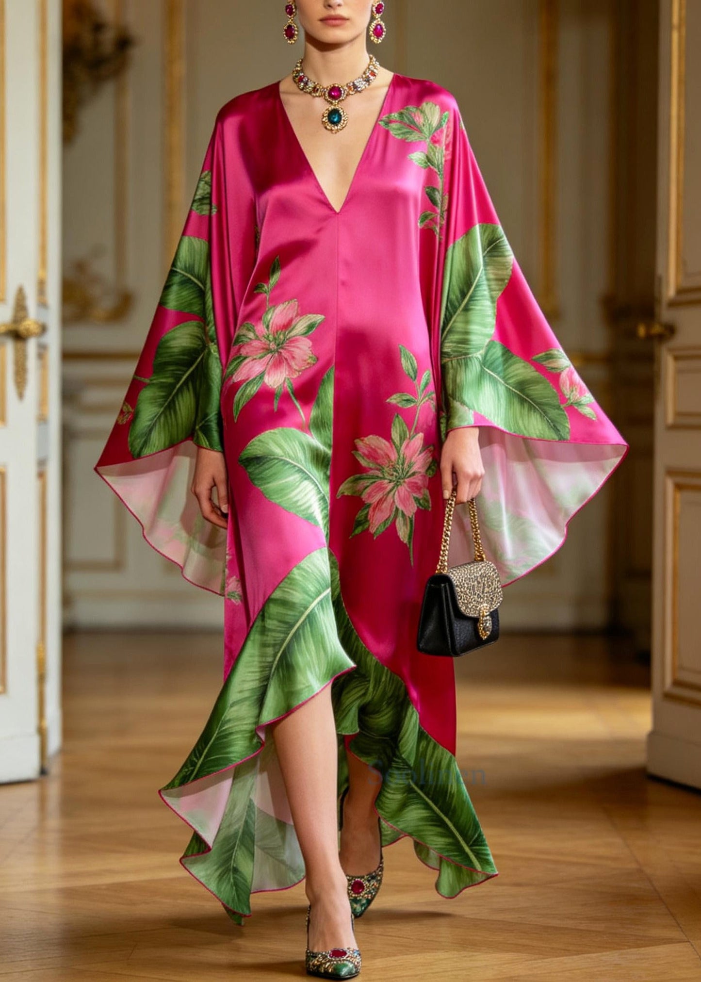 Modern Rose Print Low High Design Silk Long Dresses Batwing Sleeve